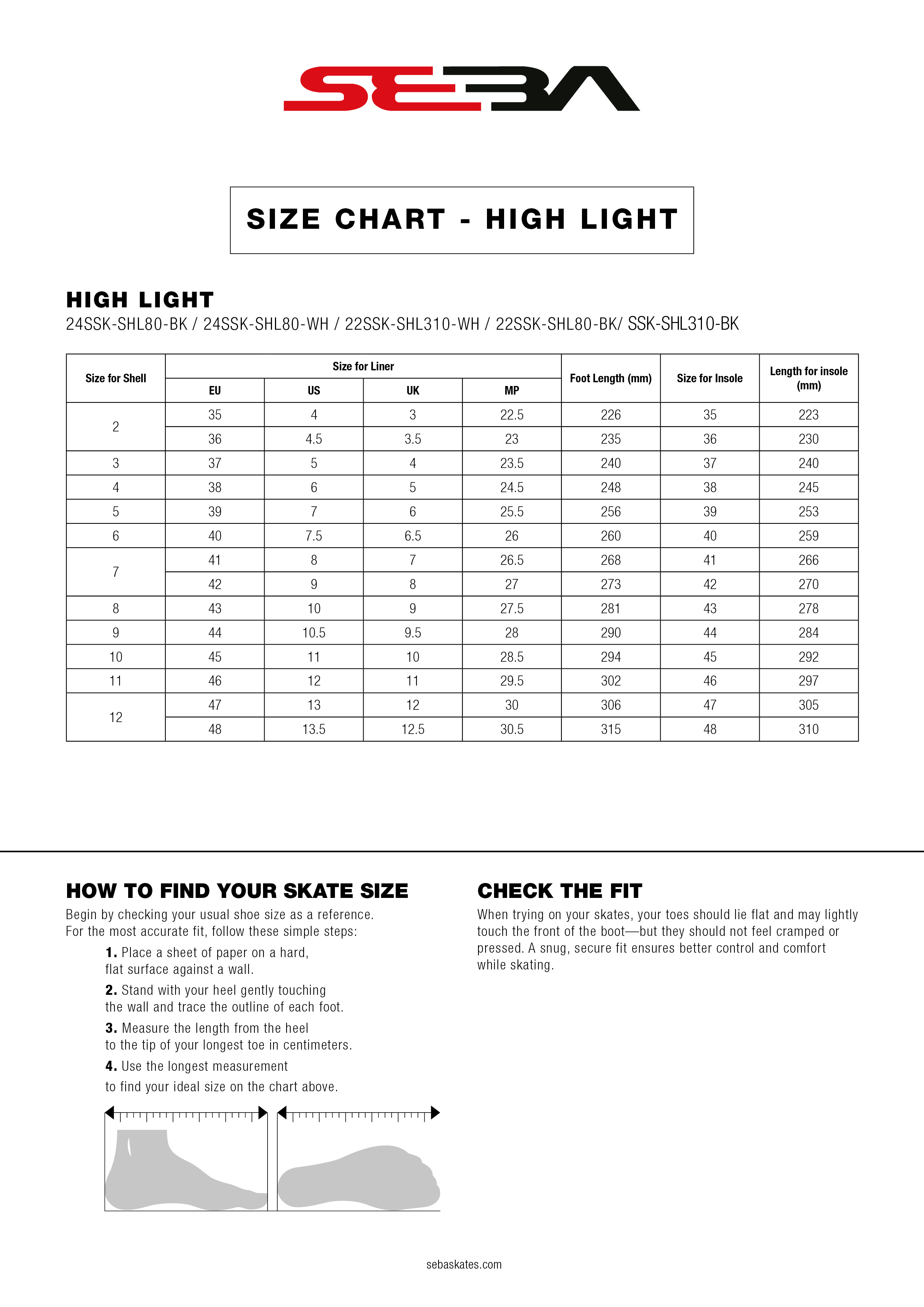 SIZE CHART - SEBA - HIGH LIGHT 
